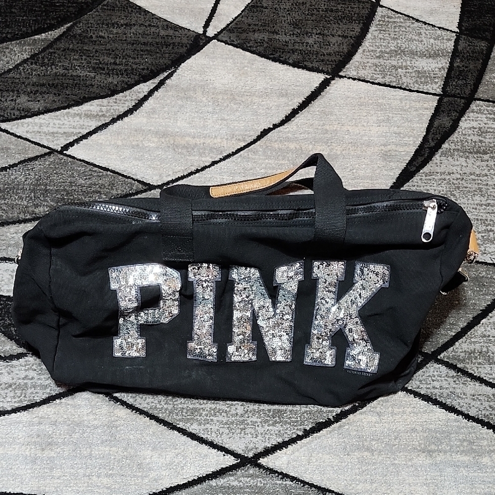 VINTAGE VS PINK 2011 BLACK CANVAS SILVER SEQUINS LOVE PINK TRAVEL DUFFEL…